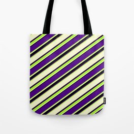 [ Thumbnail: Indigo, Light Green, Light Yellow, and Black Colored Stripes Pattern Tote Bag ]