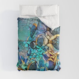 Sealife blue and gold modern art shining fish in sea artwork coral design Under Water  Duvet Cover