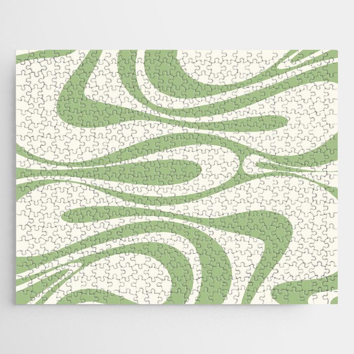 Mod Thang Retro Modern Abstract Pattern Light Sage Green and Cream Jigsaw Puzzle