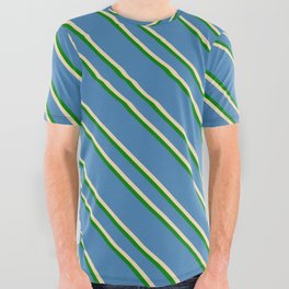 [ Thumbnail: Blue, Tan & Green Colored Striped/Lined Pattern All Over Graphic Tee ]