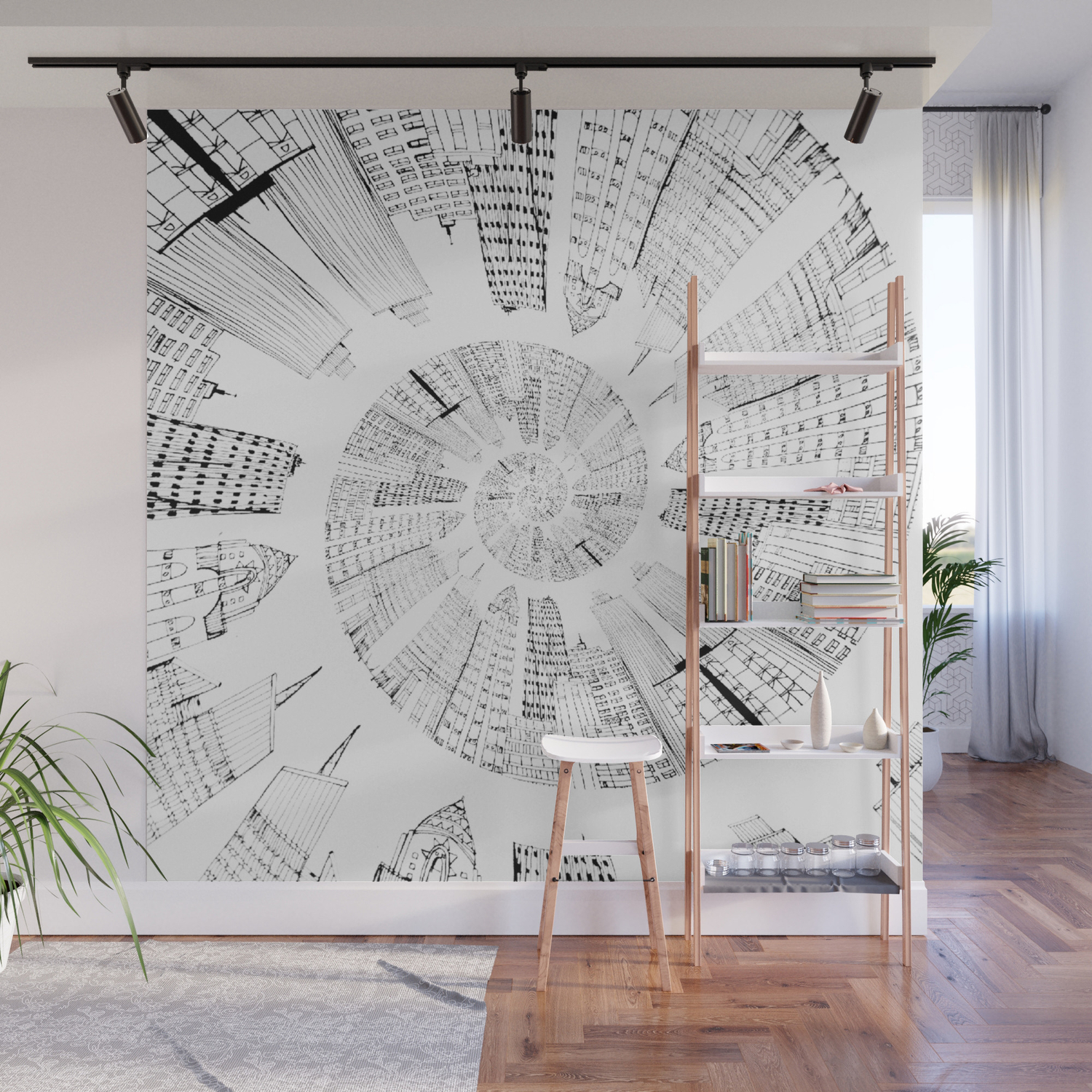 Black And White City Spiral Digital Painting Wall Mural By