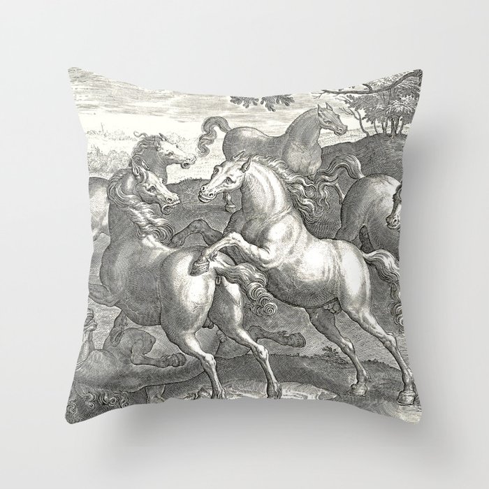 Fighting Stallions - Wild Horses antique vintage illustration  Throw Pillow