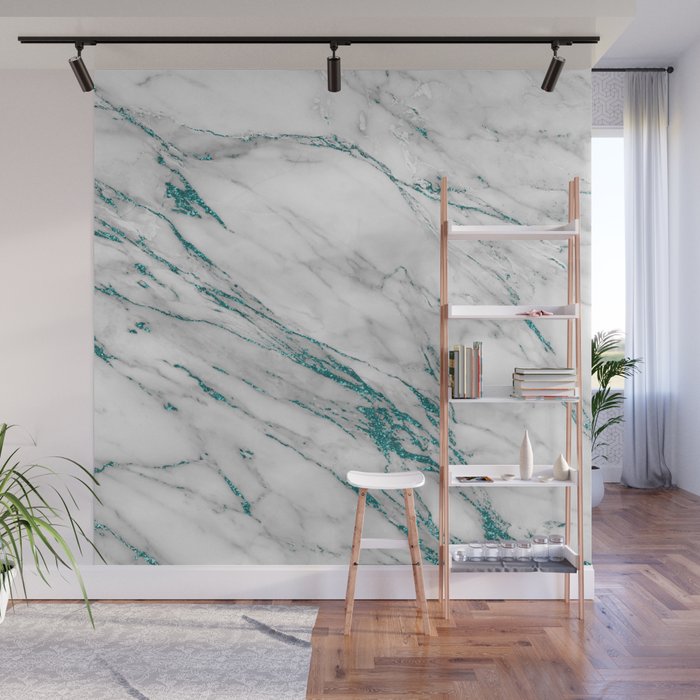 Gray Marble Aqua Teal Metallic Glitter Foil Style Wall Mural