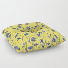 Elegant Blue Yellow Passion Flower Floral Pattern Floor Pillow