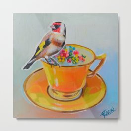 goldfinch and yellow tea cup Metal Print