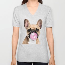 French Bull Dog with Bubblegum in Pink V Neck T Shirt
