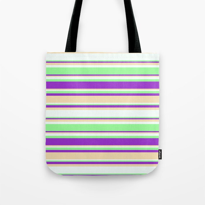 Dark Orchid, Tan, Mint Cream, and Green Colored Stripes Pattern Tote Bag