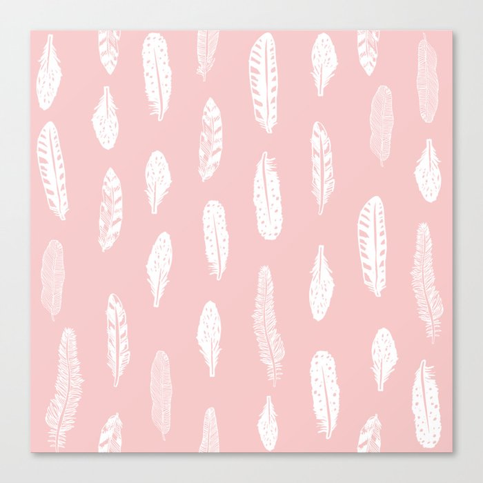 Feather pink and white minimal feathers pattern nursery gender neutral boho decor Canvas Print