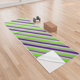 [ Thumbnail: Dark Grey, Indigo, Light Grey, and Green Colored Lines Pattern Yoga Towel ]