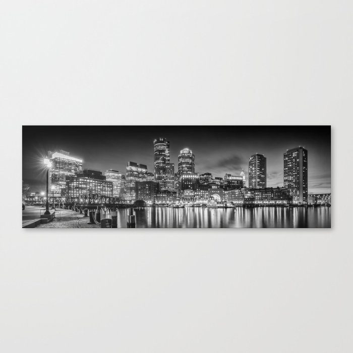 BOSTON Fan Pier Park & Skyline in the evening | Monochrome Panoramic Canvas Print