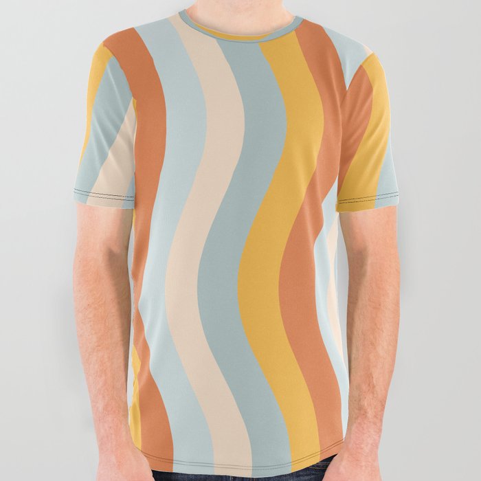 Wobbly Pop Stripes Retro Pattern Apricot Orange Ice Blue All Over Graphic Tee