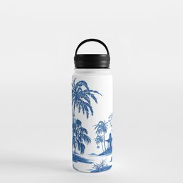 Vintage garden fruit trees, palm trees, sakura trees, plant floral seamless pattern on white background. Exotic blue chinoiserie hand drawn.  Water Bottle
