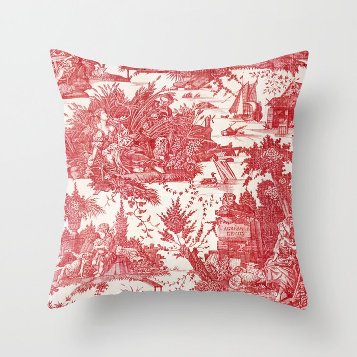Antique Traditional Red Toile Landscape with Trees and Figures Throw Pillow