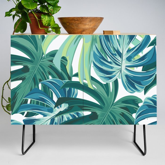 Tropical Monstera Palm Leaves on White Credenza