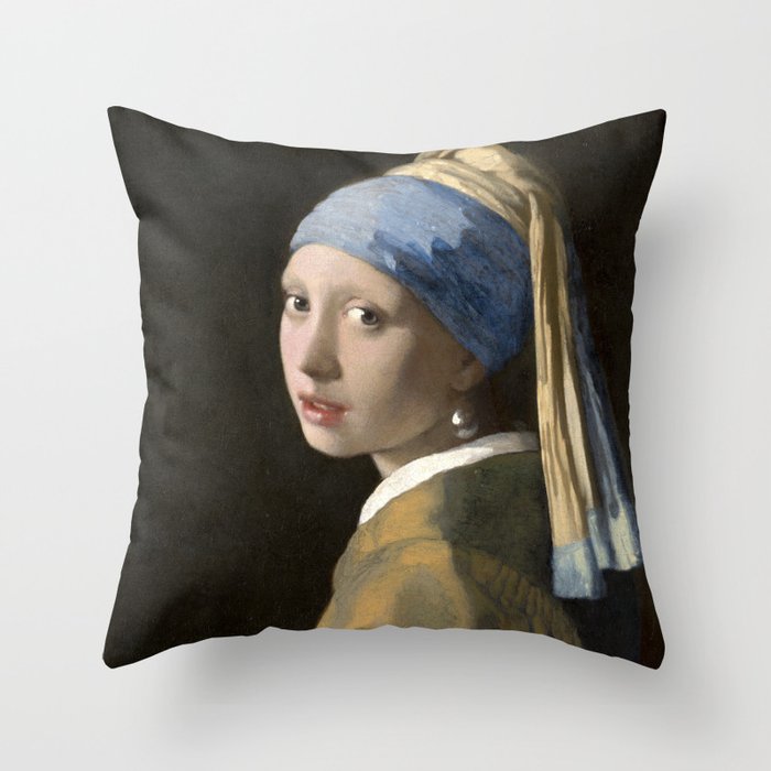 Johannes Vermeer’s Girl with a Pearl Earring (ca. 1665) Reproduction On Public Domain Of A Famous Painting in High Quality Throw Pillow