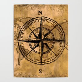Destinations - Compass Rose and World Map Poster