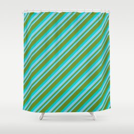 [ Thumbnail: Sky Blue, Green & Dark Turquoise Colored Striped Pattern Shower Curtain ]
