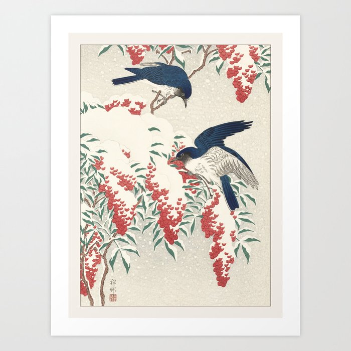 Ohara Koson Flycatchers on Nandina Bush Bird Japanese Art Art Print