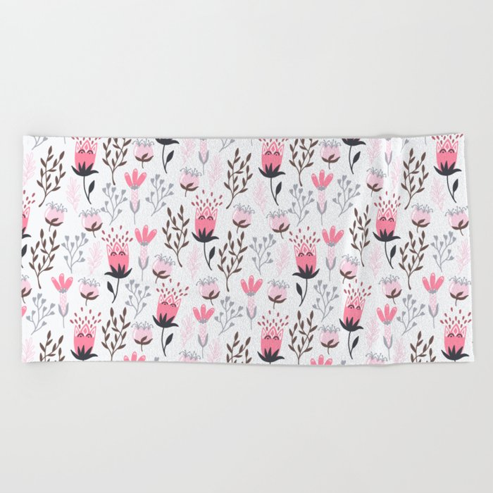 Mod Floral Pink + Gray Beach Towel