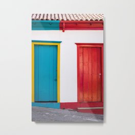 One Red Door One Teal Door Metal Print | White, Wood, Colorful, Southamerica, Color, Rustic, Brazil, Farmhouse, Architecture, Door 