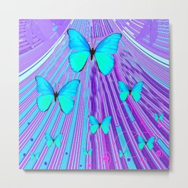 MIGRATING NEON BLUE BUTTERFLIES & PURPLE  ART Metal Print | Purpleart, Modernart, Bluebutterflies, Colored Pencil, Digital, Neonblue, Abstract, Offcedecor, Nature, Acrylic 