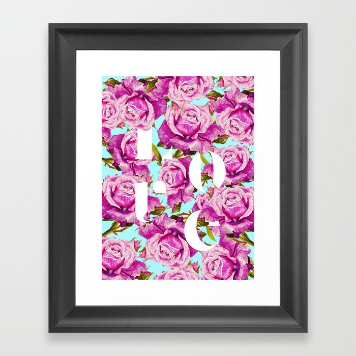 Love, Floral Typography Valentine's Graphic Design, Eclectic Modern Boho Botanical Rose Illustration Framed Art Print