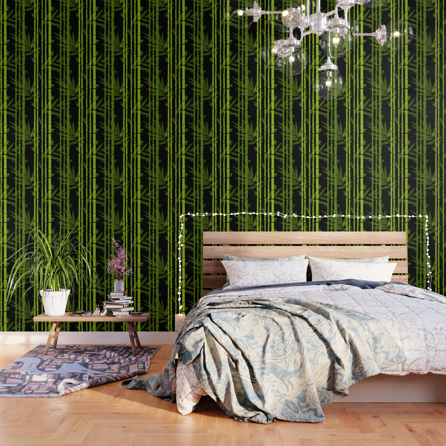 Green Bamboo Shoots and Leaves Pattern on Black Wallpaper by Jo Rymell |  Society6