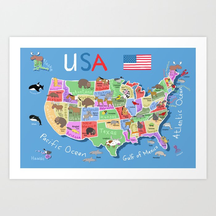 USA Illustrated Map With States & State Animals By Carla Daly Art Print