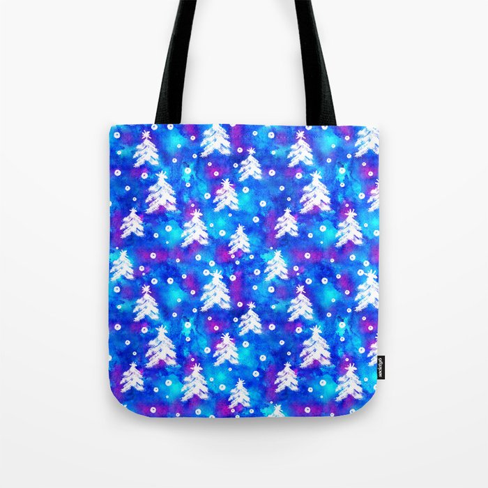 Watercolor Seamless Pattern With Hand Drawn Snowflakes And Christmas Tree Tote Bag Watercolor Seamless Pattern With Hand Drawn Snowflakes And Christmas Tree Tote Bag