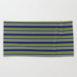 [ Thumbnail: Midnight Blue, Grey & Green Colored Lines/Stripes Pattern Beach Towel ]