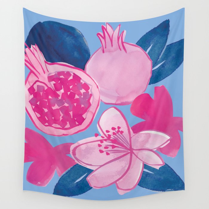 Pomegranate retro pink and blue Wall Tapestry