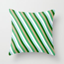 [ Thumbnail: Eye-catching Tan, Sea Green, White, Powder Blue, and Dark Green Colored Pattern of Stripes Throw Pillow ]