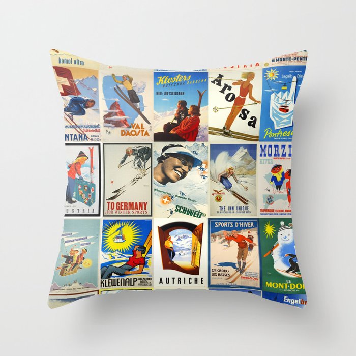 Vintage Skiing Posters Throw Pillow