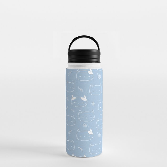 Pale Blue and White Doodle Kitten Faces Pattern Water Bottle
