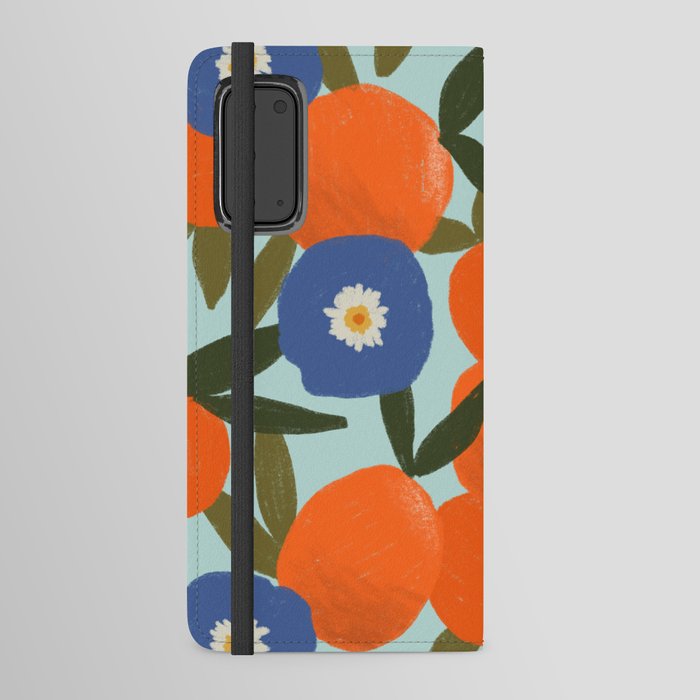 Clementine Orange Blue Flowers Pattern Leaves Android Wallet Case