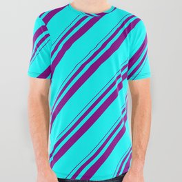 [ Thumbnail: Purple and Aqua Colored Lines Pattern All Over Graphic Tee ]
