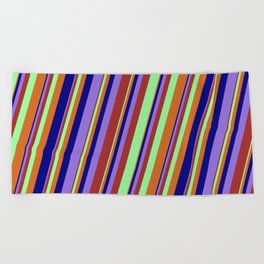 [ Thumbnail: Colorful Brown, Green, Chocolate, Blue, and Purple Colored Lined Pattern Beach Towel ]