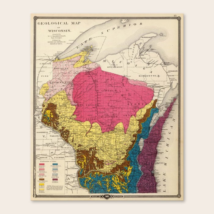 Vintage Wisconsin Geology Map (1878) Canvas Print by BravuraMedia