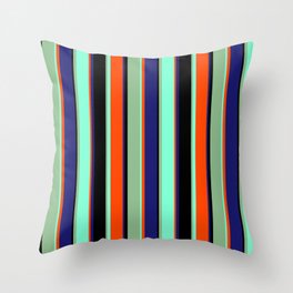 [ Thumbnail: Vibrant Black, Dark Sea Green, Aquamarine, Red, and Midnight Blue Colored Pattern of Stripes Throw Pillow ]