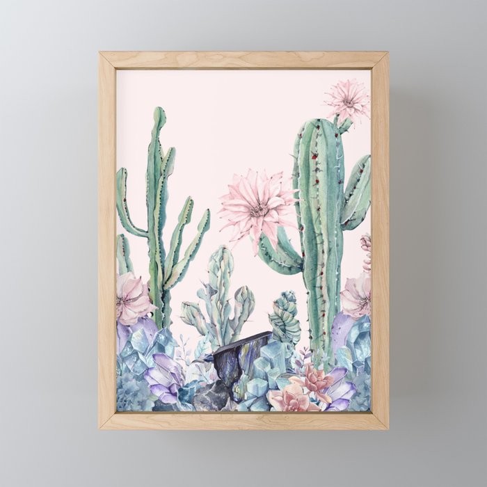 Desert Cactus Succulents Gemstones On Blush Pink Framed Mini Art