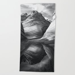 Sandstone, mountains, lake, and sky nature black and white portrait photograph / photography Beach Towel