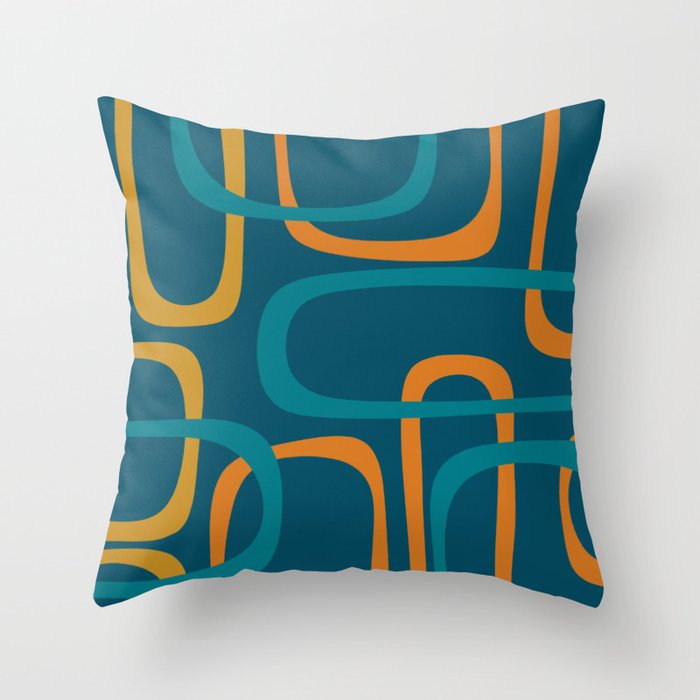 Midcentury Modern Loops Pattern in Moroccan Blue, Orange, and Mustard Throw Pillow