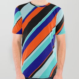 [ Thumbnail: Eye-catching Powder Blue, Turquoise, Blue, Red, and Black Colored Lined/Striped Pattern All Over Graphic Tee ]