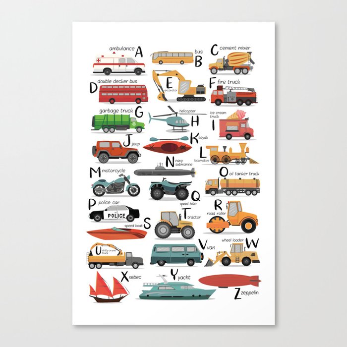 Colourful transportation alphabet Canvas Print