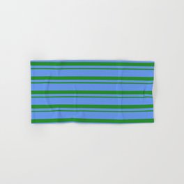 [ Thumbnail: Forest Green & Cornflower Blue Colored Lined Pattern Hand & Bath Towel ]