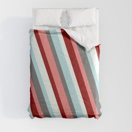 [ Thumbnail: Powder Blue, Dim Gray, Light Coral, Dark Red & Mint Cream Colored Stripes/Lines Pattern Comforter ]