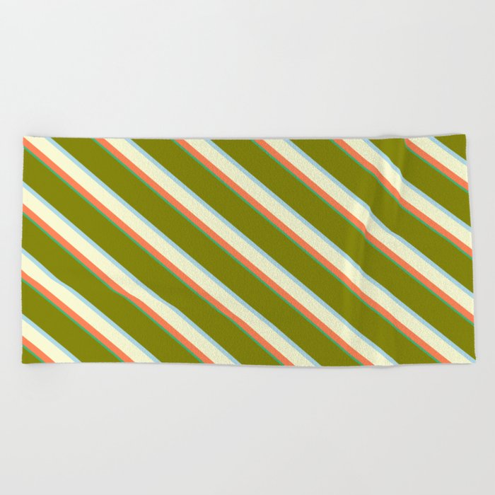 Vibrant Green, Light Blue, Light Yellow, Coral & Sea Green Colored Lines/Stripes Pattern Beach Towel