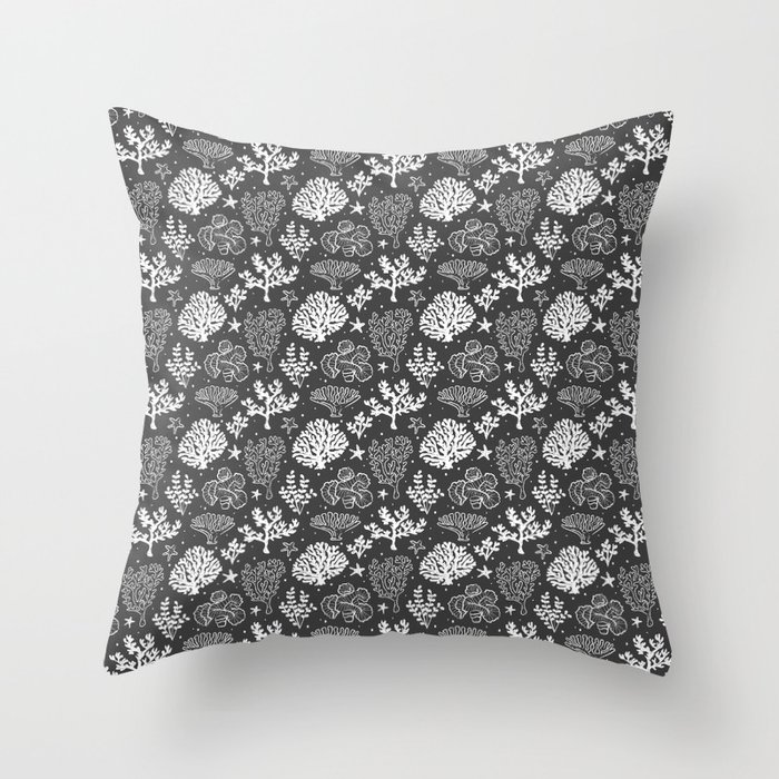 Dark Grey And White Coral Silhouette Pattern Throw Pillow