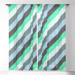 [ Thumbnail: Vibrant Green, Light Cyan, Dark Slate Gray, Sky Blue & Black Colored Pattern of Stripes Sheer Curtain ]