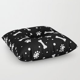 White dog paw and bones pattern on black background Floor Pillow